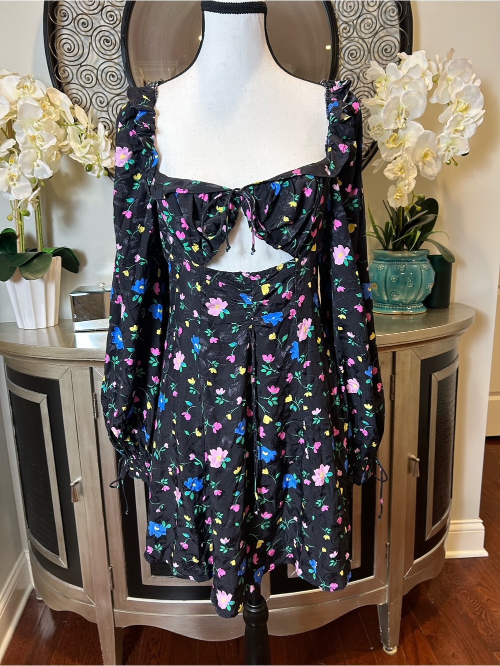 For Love And Lemons Black Floral Cutout Dress with Pink & Blue Flowers NWT